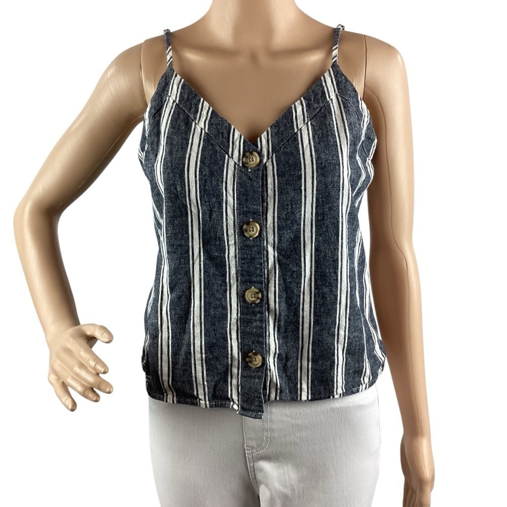 Abercrombie & Fitch Linen Blend Button Front Striped Cami Tank Top Blue White S